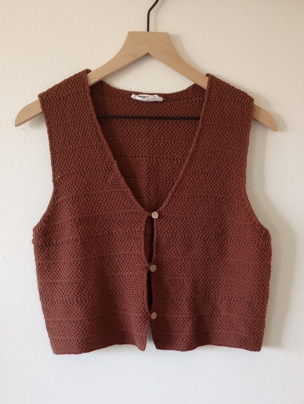 Chocolate Brown Sweater Vest, Cropped,Button Front With Open Detail, Size Medium